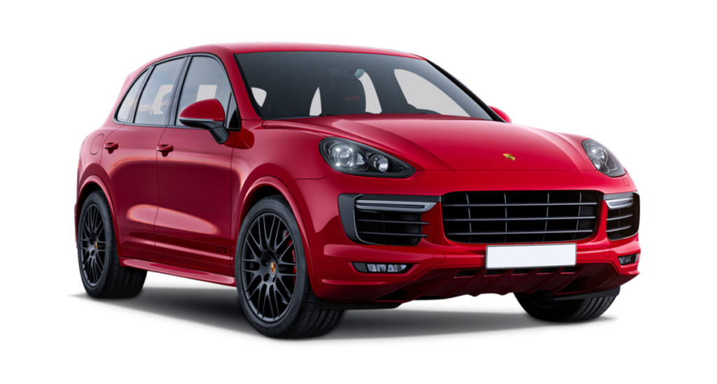 Red Porsche Cayenne GTS SUV, front-left view on a dark background, showcasing its bold grille and glossy red paint.