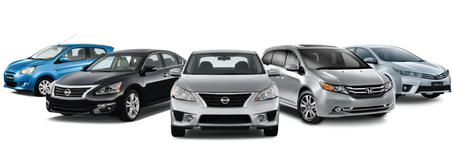 Five passenger cars in a row: a blue compact, black sedan, silver sedan, silver minivan, and silver SUV, facing forward.